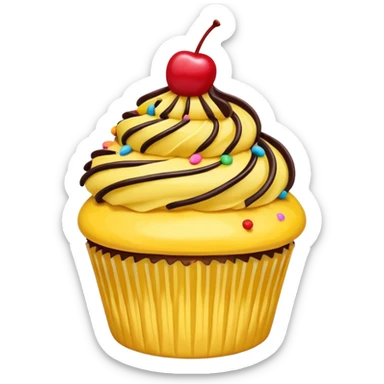 Vanilla cupcake with yellow frosting, chocolate drizzle, sprinkles & a cherry on top  sticker