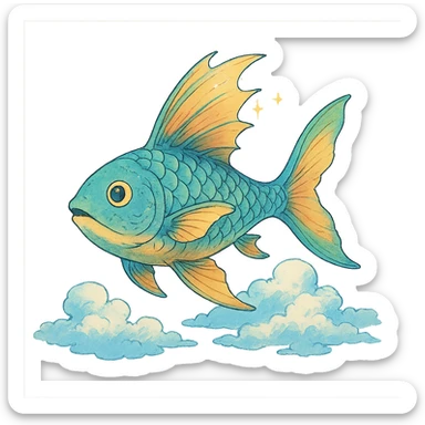 A magical flying fish soaring above the clouds, inspired by the fantasy elements from Castle in the Sky, in the style of Studio Ghibli. sticker