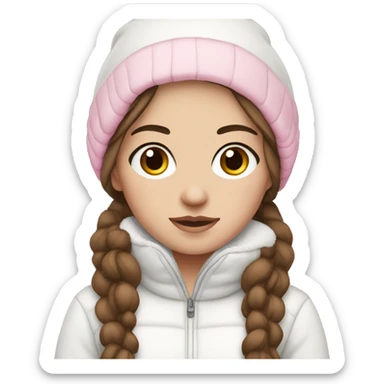 white girl with brown hair and black eyes wearing a white and pink winter outfit sticker