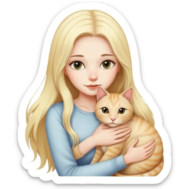 pretty woman with pale skin, very long blonde hair hugging a cat sticker
