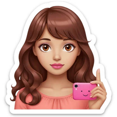 cute woman, light tan skin, big dark brown eyes, very long wavy auburn hair, bangs, pink top, coral lipstick, piece sign sticker