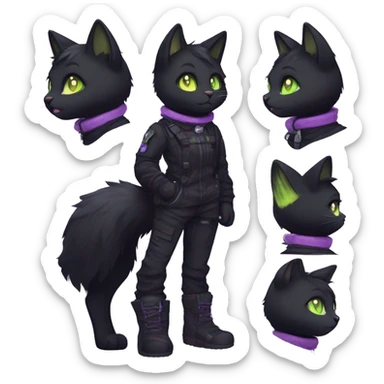 Gorgeous furry dark techwear style anthro black cat furry sona Fakemon with blushing face yellow-green eyes with ponytail, aesthetic and pretty edgy black with violet collar and harness trending style sticker