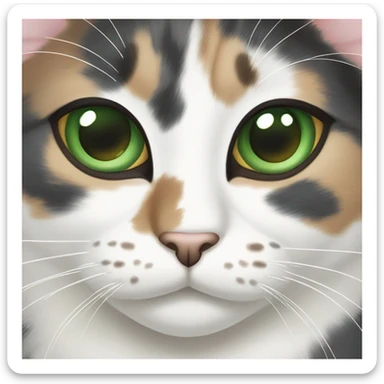 Dilute calico cat with green eyes and a speckled nose sticker