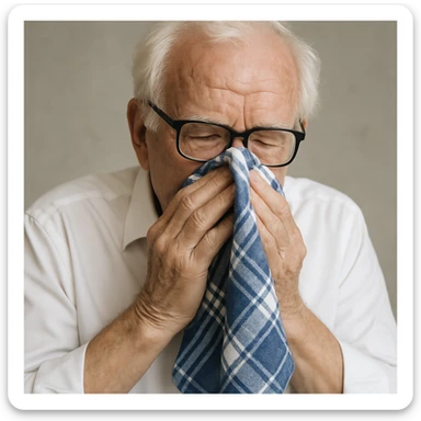 old man with white hair, white skin, black-framed glasses, wearing a white shirt, blowing his nose on a large thick blue and white checkered handkerchief sticker