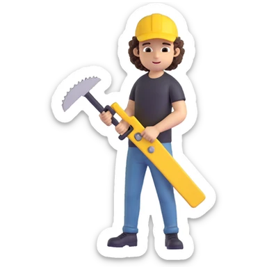 create a character with a saw, cute guy, curly, in a black t-shirt and a yellow cap, in 3d sticker