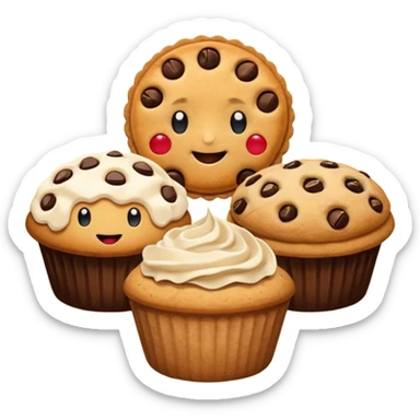 Baking community humanless avatar in clean emoji-style illustration. Pie, cookie, and muffin warm golden tones, simple shapes, flat design, high contrast, cozy and friendly. sticker