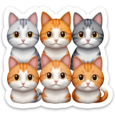 6 cats with different coloured coats, 2 are grey and white, 1 is grey with a little white, 1 calico, 1 brown tabby and white and one ginger and white sticker