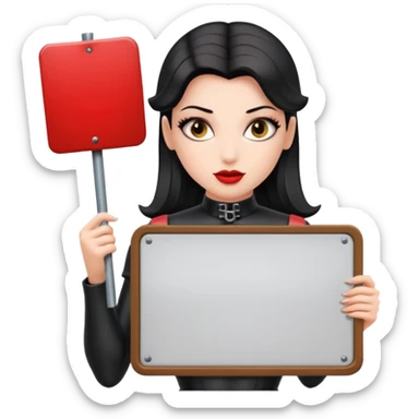A dominatrix holding a large sign sticker