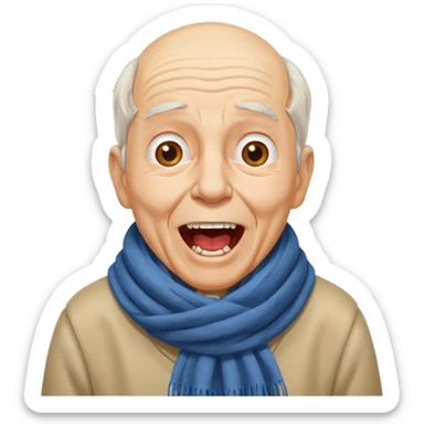 An elderly man with scarf and wrinkles, shouting joyfully despite missing a few teeth. sticker