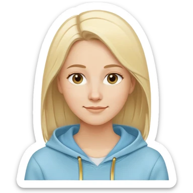 Caucasian woman, oval face, straight light blonde hair with side part, serene smile, dreamy expression, light blue hoodie with gold and white details sticker