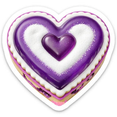 Realistic shortbread cookie in the shape of a heart with purple pastel jelly middle filling and sprinkled powder sugar on top. sticker