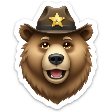 Light colored grizzly bear with a sheriffs hat sticker