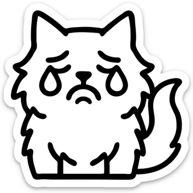 icon of a black and white fluffy cat with a crying expression, clean lines, iconographic style sticker
