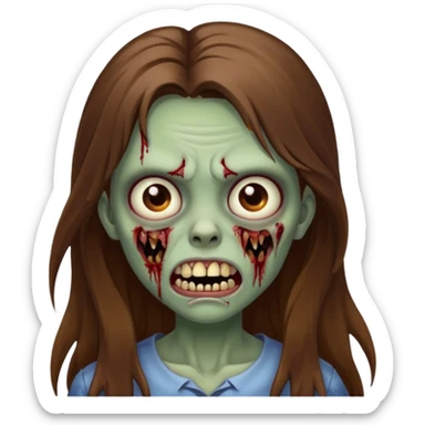 Girl zombie with brown long hair with teeth and serious face IOS 2019 style sticker