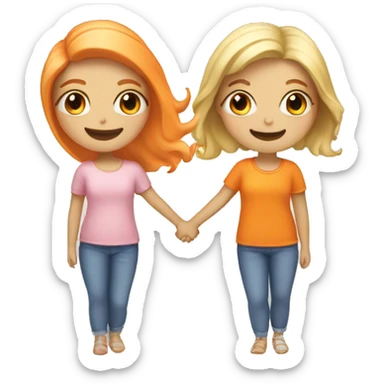 Two girls holding hands smiling one with blonde hair and one with orange haid sticker