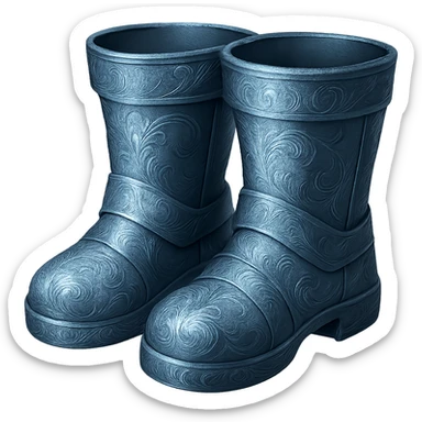 Recolor these boots to match the blueish-gray steel color and ornate engravings of the reference helmet. Emphasize the cool metallic finish and detailed engravings, matching the helmet exactly. Transparent background. sticker