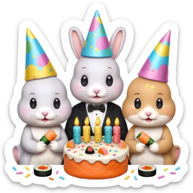 four bunnies together eating sushi at a birthday party, pastel colors, cute, confetti, birthday cake, new composition, emoji style sticker
