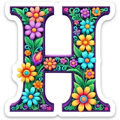 3D, gothic style psychedelic colored capital Letter L with hippie style flower border sticker