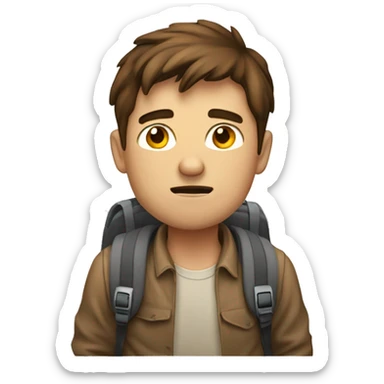 One unhappy guy student with backpack with brown hair sticker