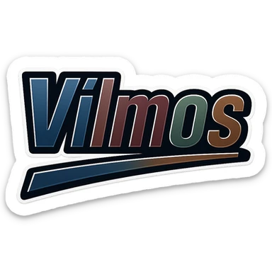 Vilmos name in masculine, modern, gradient font with precise Hungarian characters, dark outline, extra thick, prominent white border as in reference images, dynamic slanted underline, masculine color shades (blue, gray, burgundy, green, brown), 1000x1000 px, PNG, transparent background sticker