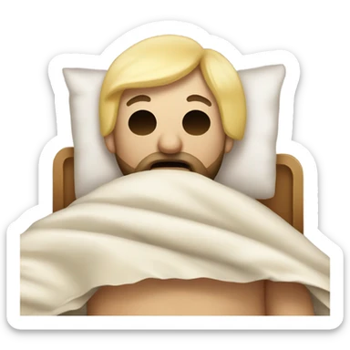 A blonde guy with beard, side fade cut and top long laying in bed with a blanket covering him up to his shoulders, a sleep mask on, and a pacifier in his mouth. sticker