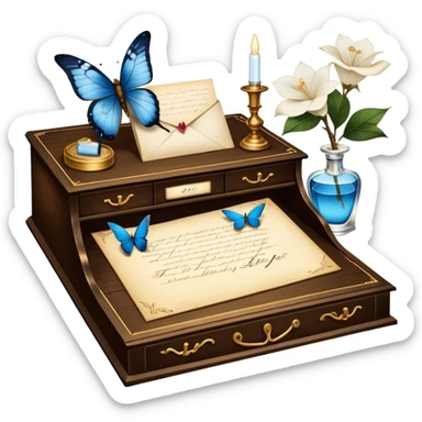 A poetic still life of an antique wooden desk adorned with an ink-stained love letter, a golden-tipped quill resting beside it. A translucent blue butterfly flutters near an elegant perfume bottle, surrounded by ivory gardenias and scattered pearls. sticker