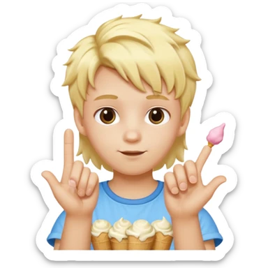 A kid with blonde icecream hair with two hands that has 6 on the left hand and 7 on the right hand sticker