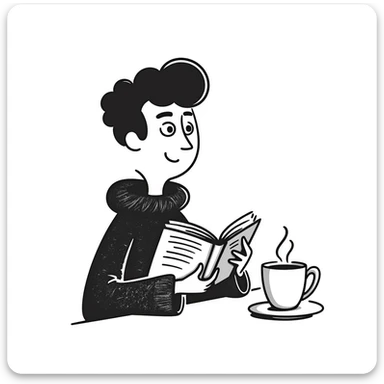 Chaucer reading and drinking tea, playful and sketchy, hand-drawn doodle style sticker