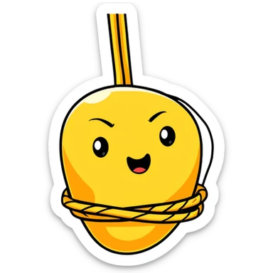 A funny cartoon character completely entangled in rope with just their face peeking out, looking silly sticker