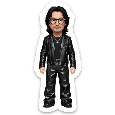 Bono with long black hair, black shirt, black metallic jacket, black metallic baggy pants, sliver necklace, black glasses sticker