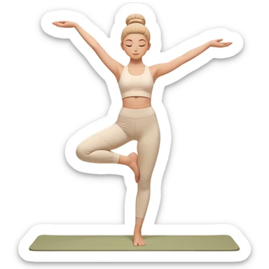 A 3D aesthetic emoji-style illustration of a woman doing yoga in a cozy and minimalist design. She is wearing a soft white yoga outfit and is in a graceful standing pose with one leg lifted and arms elegantly extended. Her skin is warm-toned, and her hair is neatly tied in a bun. The color palette is soft and pastel, featuring beige and warm tones for a soothing, relaxing aesthetic. The design should be smooth, high-quality, and visually similar to Apple’s emoji style but with a softer, more aesthetic touch. sticker