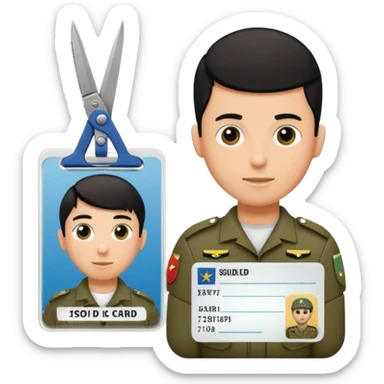 Floating black Scissors cutting an idf soldier ID card in 2 parts .hyper realistic sticker