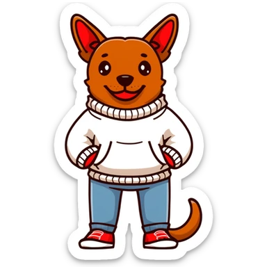 Brown dog standing upright with hands in jean pockets, wearing a white sweater and red shoes sticker