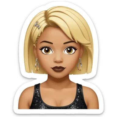 T Boz from TLC with short blonde hair, black sequin crop top, black earring sticker