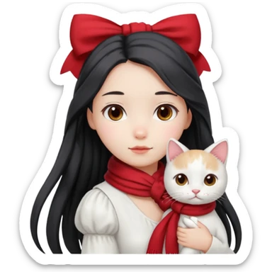 girl with long dark braid and bow, red scarf, white dress, holding white cat on shoulder, seen from behind, same pose as reference, iOS emoji style, smooth glossy texture, soft lighting, kawaii sticker
