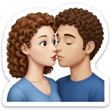 A couple kissing, the man would be white-skinned, mid fade-curly, brown-hair. The serious woman with white skin, brown color sticker