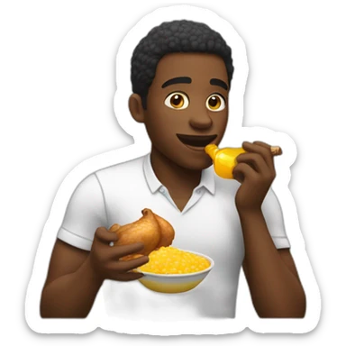 Black man eating chicken with a honey bottle sticker