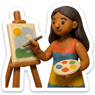 tanned woman artist with long black hair, wearing a colorful dress, painting at an easel, holding a palette and brush, claymation style sticker