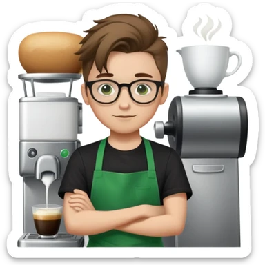 white barista boy with green apron, glasses, brown ponytail and black shirt  sticker