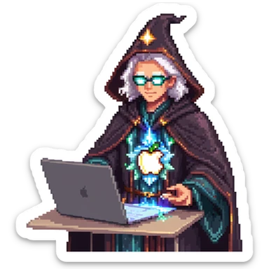 powerful wizard coding on an Apple laptop, glowing magical aura surrounding him, confident expression, looks like the ultimate boss of coding, wearing impressive dark robe sticker