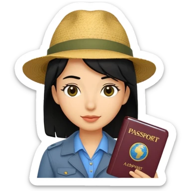 black haired Traveler character with passport sticker
