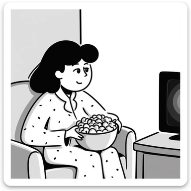 Hand-drawn person in pajamas watching movie at home with a big bowl of popcorn, tv light glowing sticker