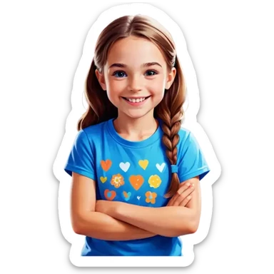 Little Girl, white skin, bronze hair, smile, tutor, bright blue t shirt sticker