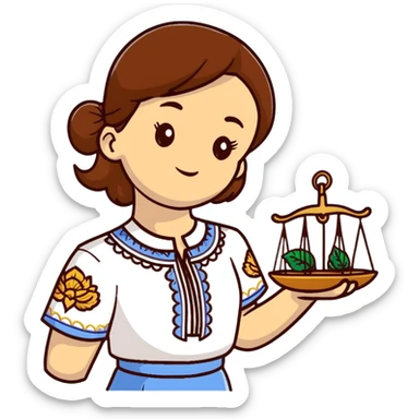 A Ukrainian girl with brown hair in an embroidered shirt holds the scales of truth in her hand sticker