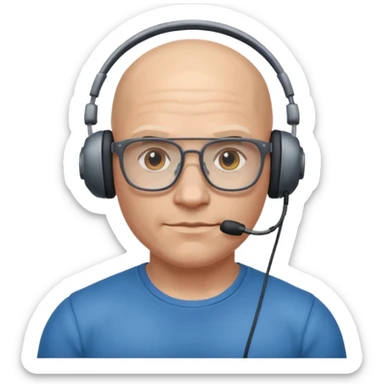 gamer with glasses, bald and muscular, with headset sticker