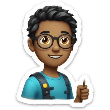 Boy with dark hair, round glases and a magic wand sticker