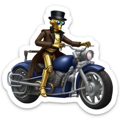 C-3PO wearing a pair of navy-blue rimmed steampunk goggles, hat, leather chaps, fringe jacket riding a fast 3 wheeler trike steampunk motorcycle on ice  sticker
