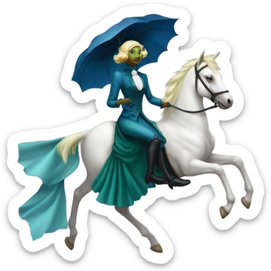 "galora green blonde alien woman" in blue Victorian dress elegant, full body, on pegaso sticker