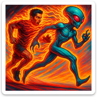 Make the alien transformation more dramatic with emphasized alien features, intense energy, vivid colors, and dynamic motion. Keep the human-to-alien transition clear and visually striking. sticker