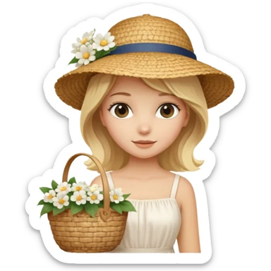 summer beautiful wicker hat, beach beige bag and bouquet of white flowers and blonde girl in Italy white dress sticker